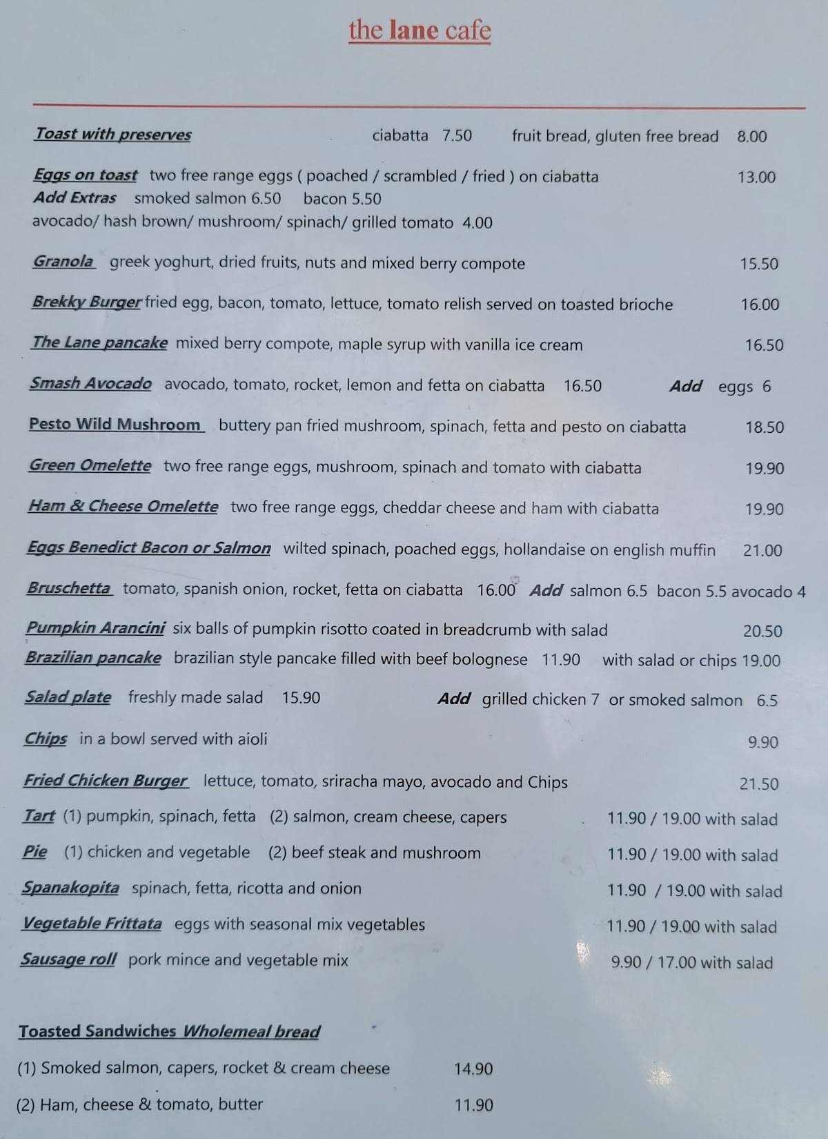 Menu at The Lane Café cafe, Claremont