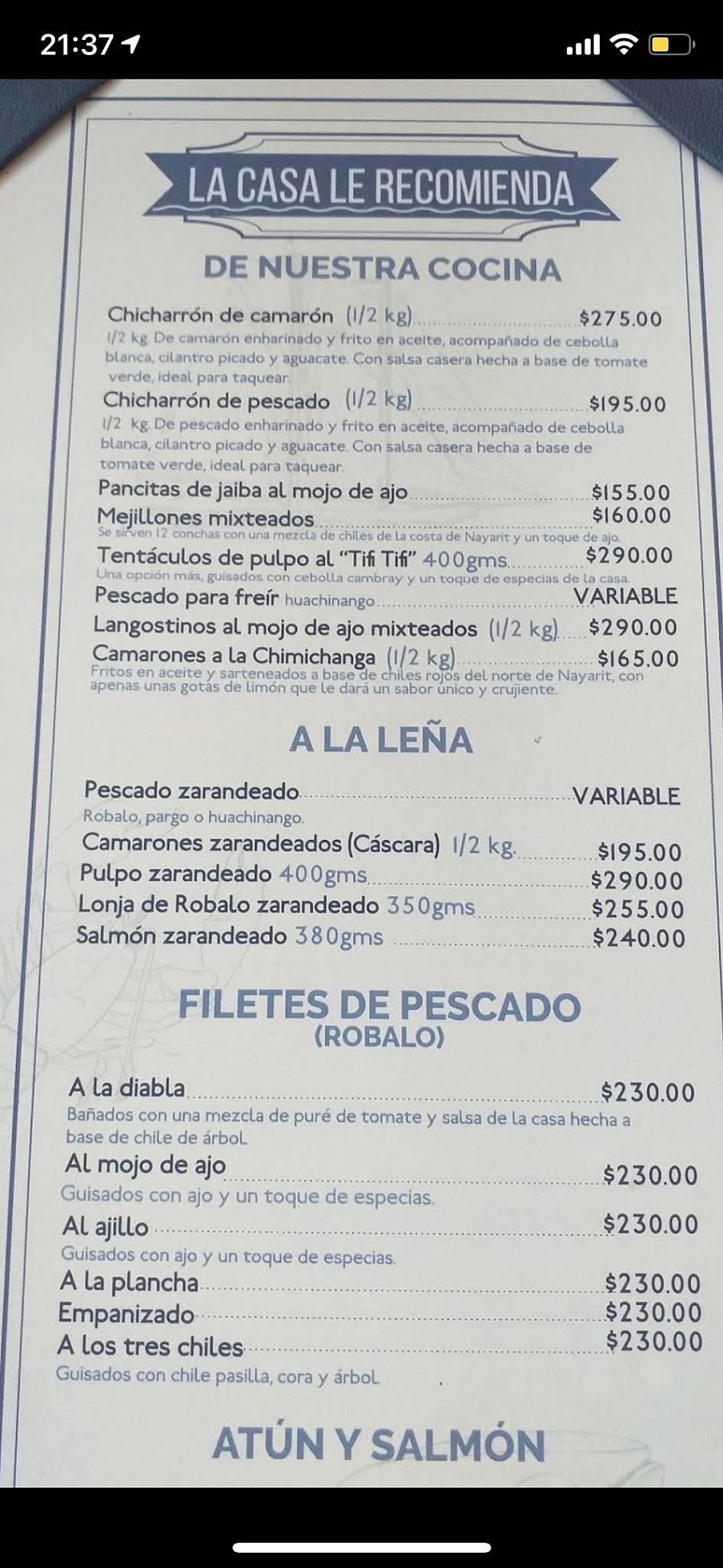 Carta del restaurante Campomar Chapalita, Guadalajara, San Dionisio 33