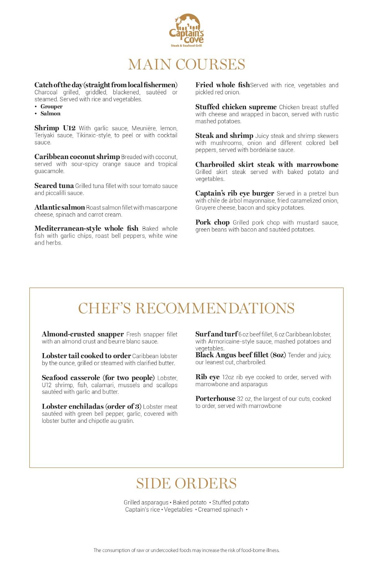 Menu at Captain's Cove steakhouse, Cancún, Blvd. Kukulcan KM16.5