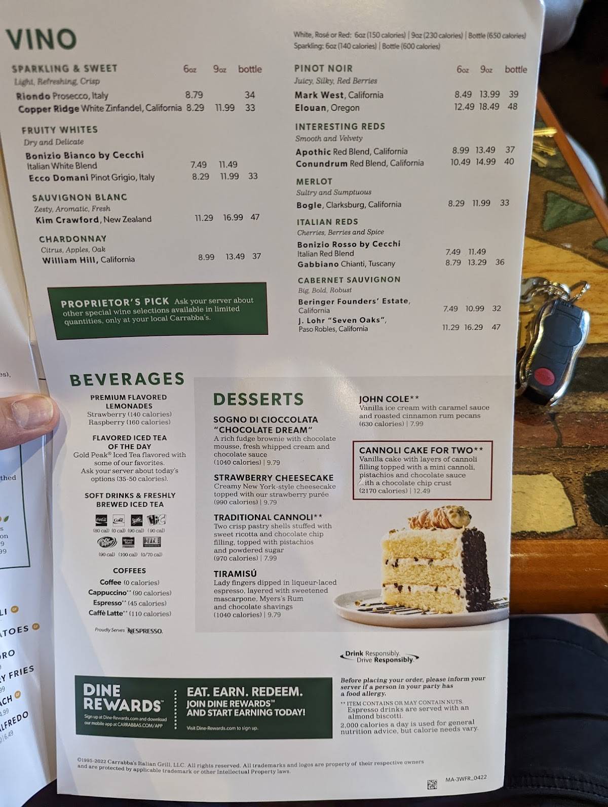 Menu at Carrabba's Italian Grill restaurant, Oro Valley, N Oracle Rd
