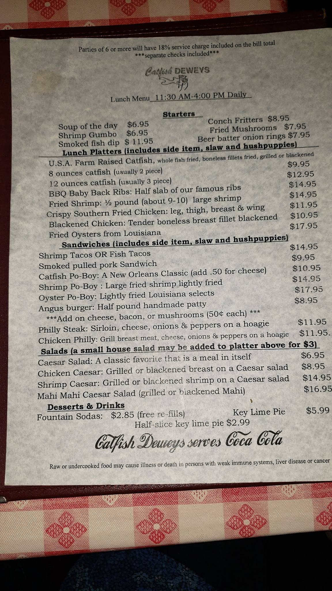 Menu at Catfish Deweys restaurant, Fort Lauderdale