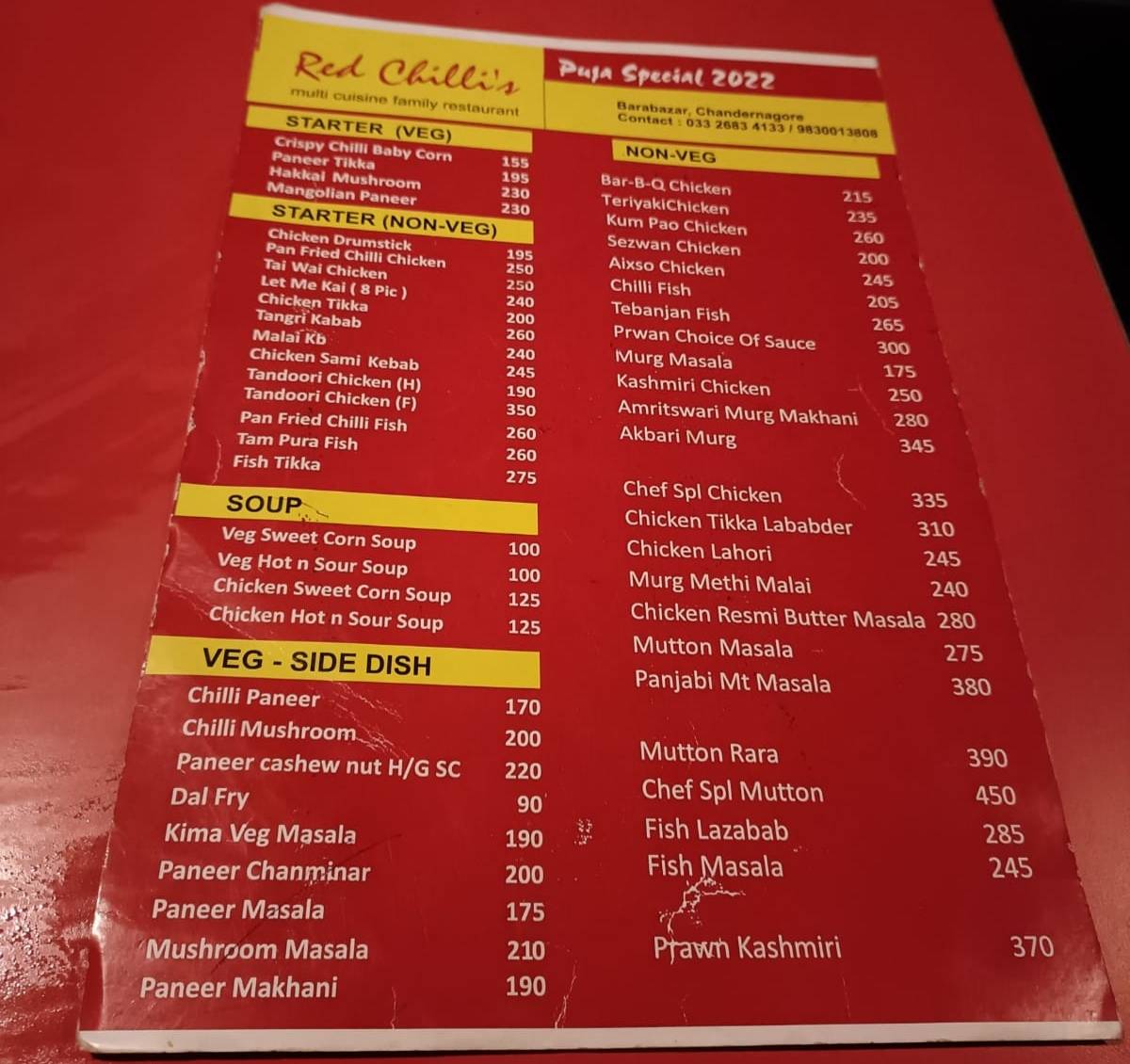 Menu at Red Chilli Chandannagar, Chandannagar