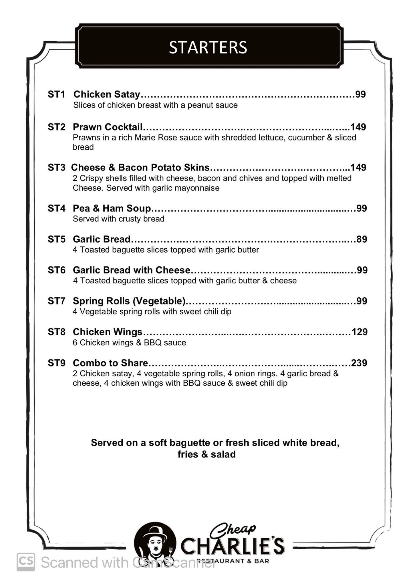 Menu at Cheap Charlie's restaurant, Pattaya City