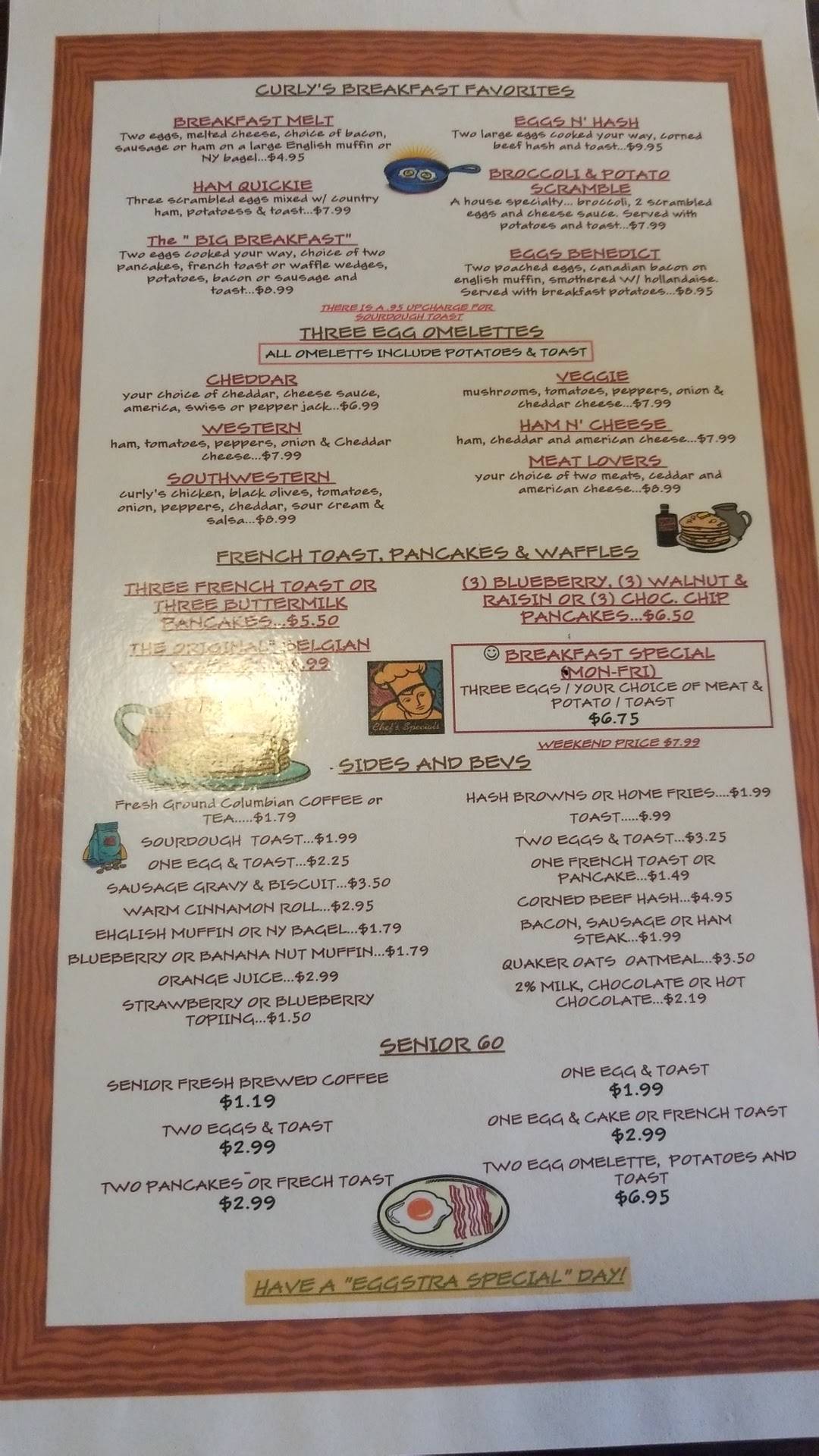 Menu at Curly's Chicken House restaurant, Elmira