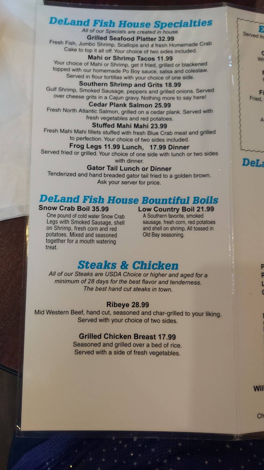Menu at Deland Fish House restaurant, DeLand, 310 E International