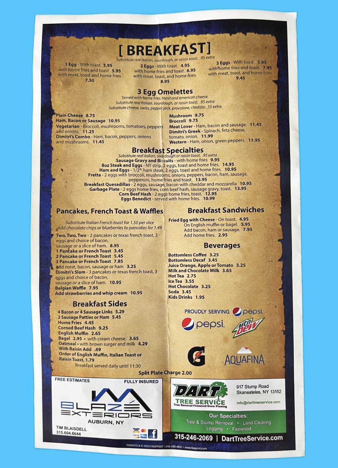 Menu at Dimitris Pizzeria, Elbridge