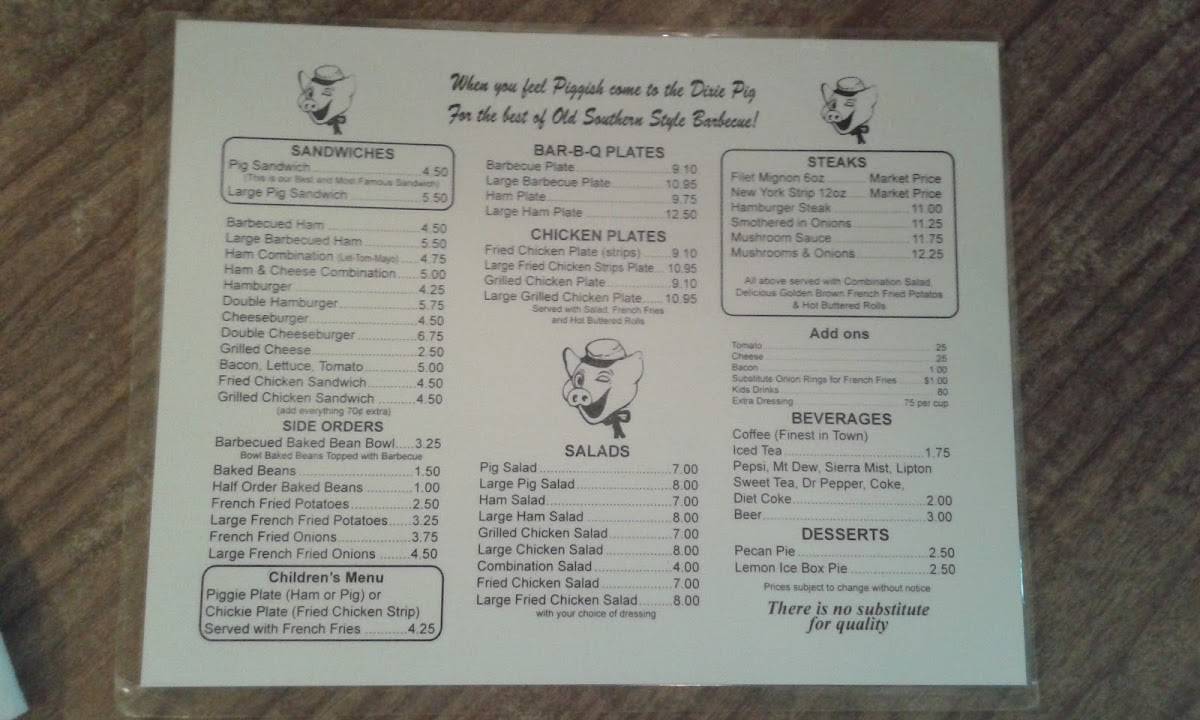 Menu At Dixie Pig BBQ, Blytheville