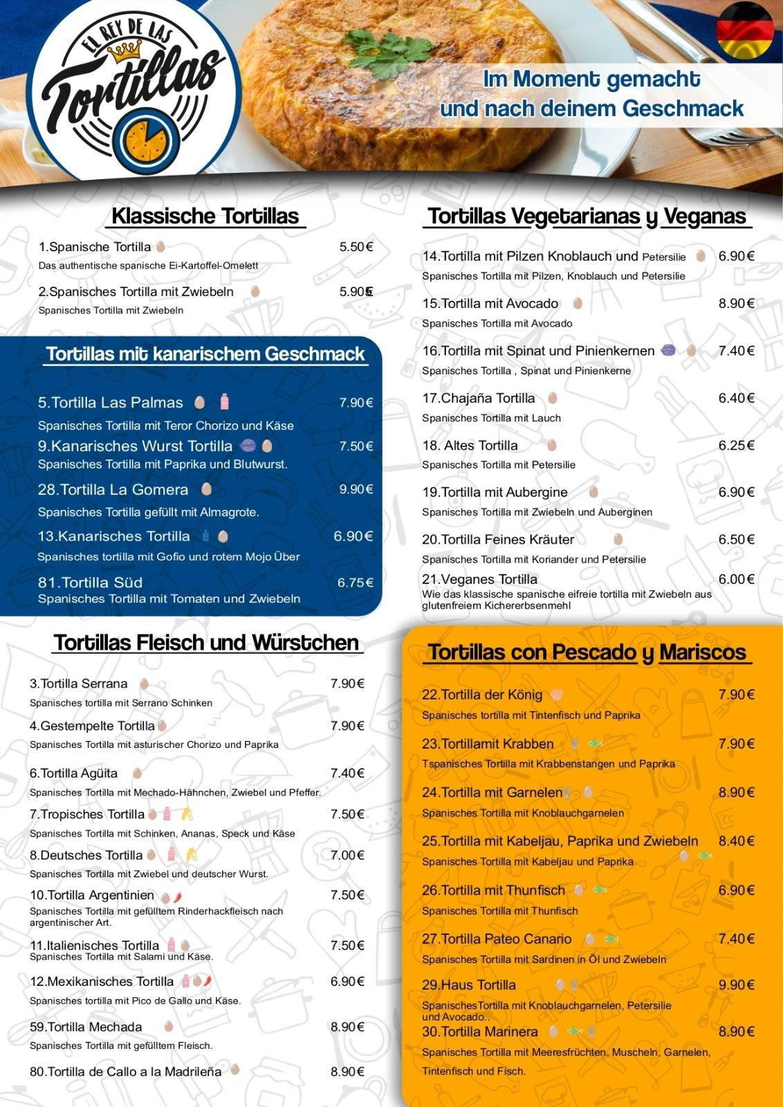 Carta de Restaurante El Rey de las Tortillas, Puerto de la Cruz