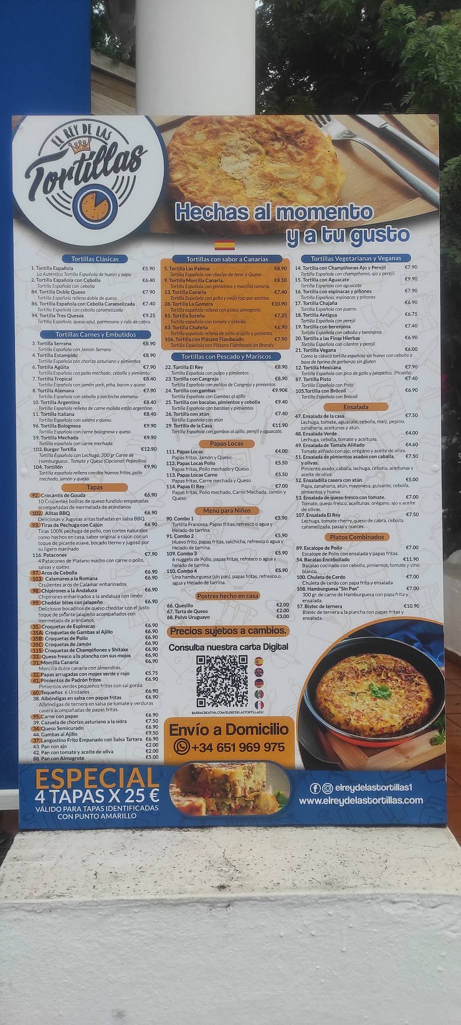 Carta de Restaurante El Rey de las Tortillas, Puerto de la Cruz