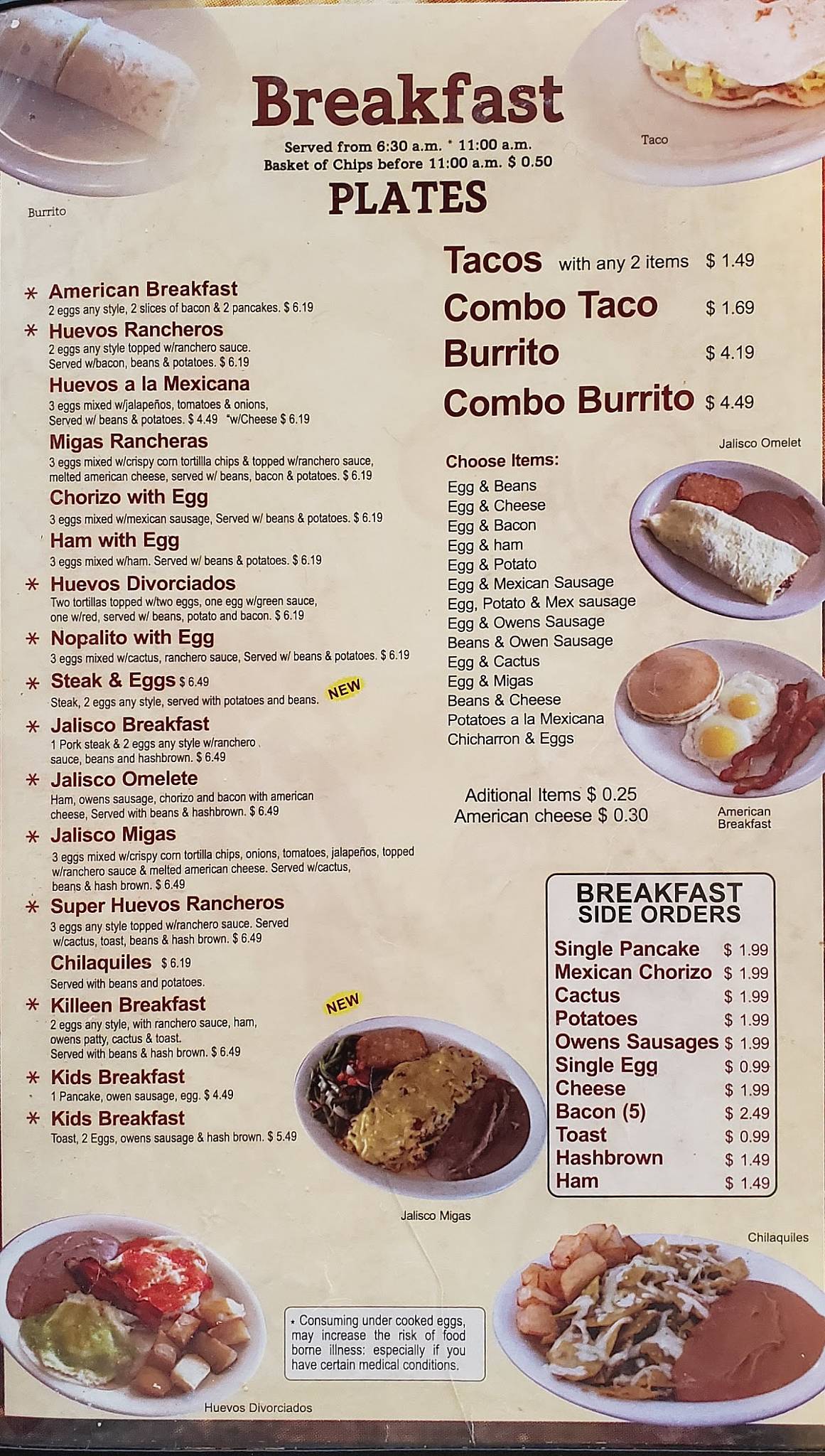 Menu at El Taco Jalisco Mexican Restaurant, Killeen