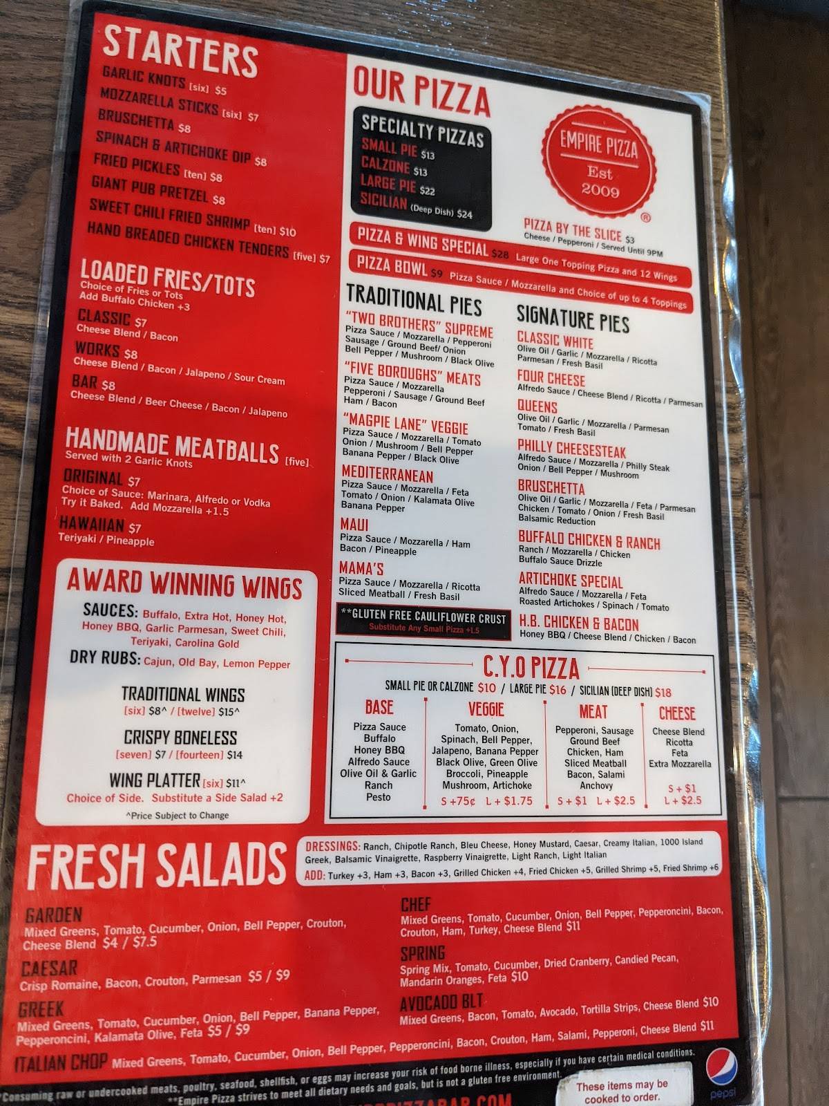 Menu at Empire Pizza Mint Hill pub & bar, Mint Hill