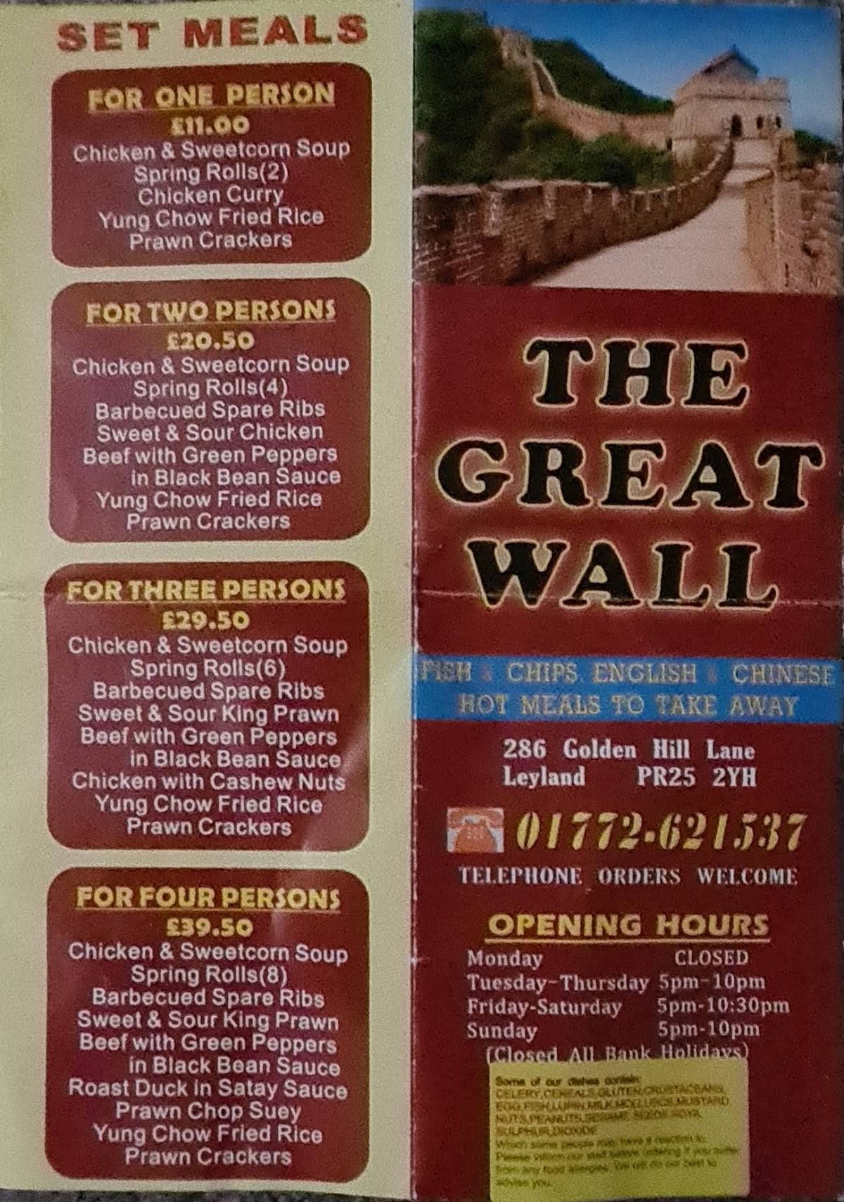 Menu At The Great Wall Fast Food Leyland 