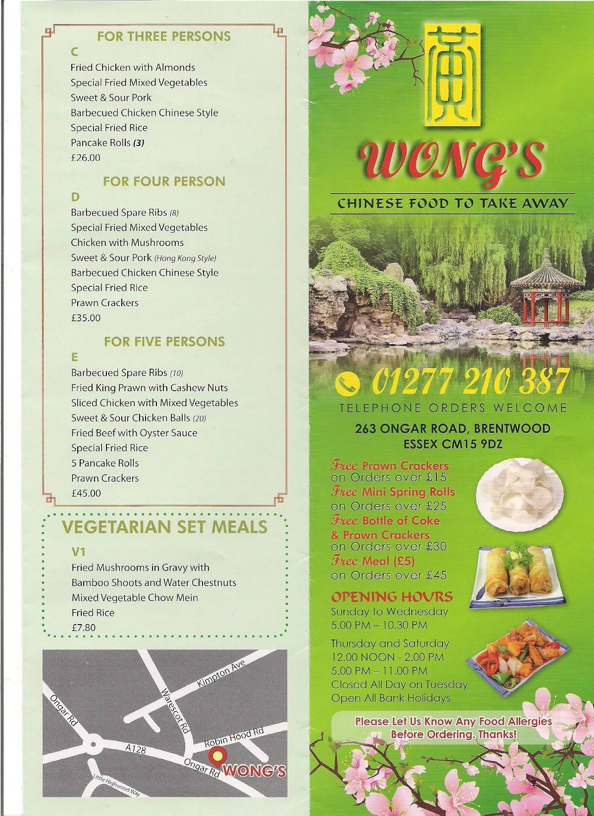 Menu at Wongs fast food, Brentwood