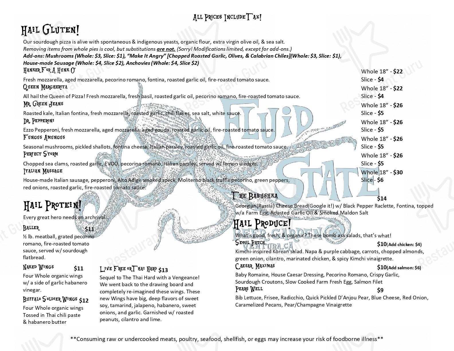 Menu at Fluid State Beer Garden pub & bar, Ventura