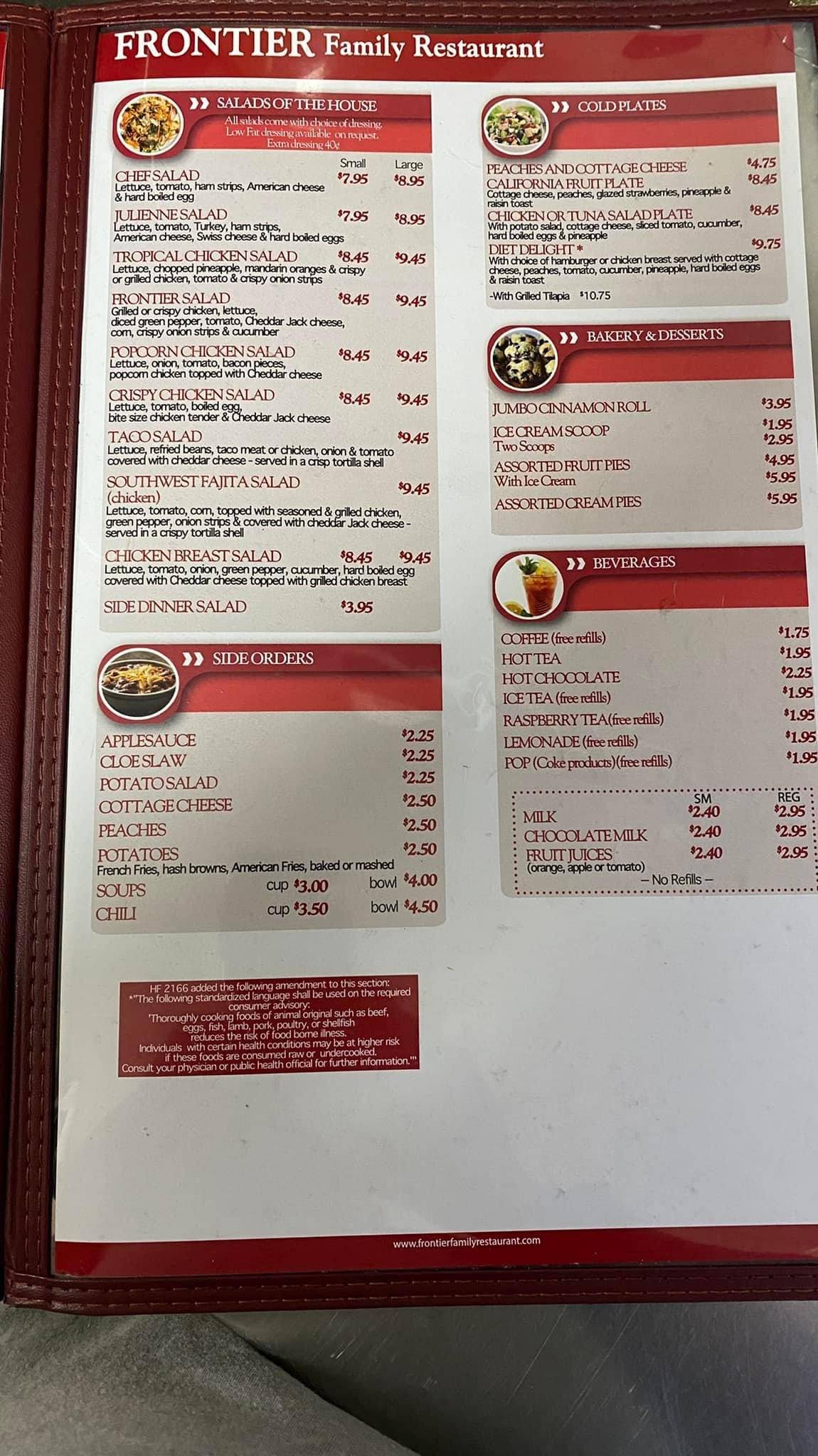 Menu at Frontier Family Restaurant, Washington, 112 N Iowa Ave