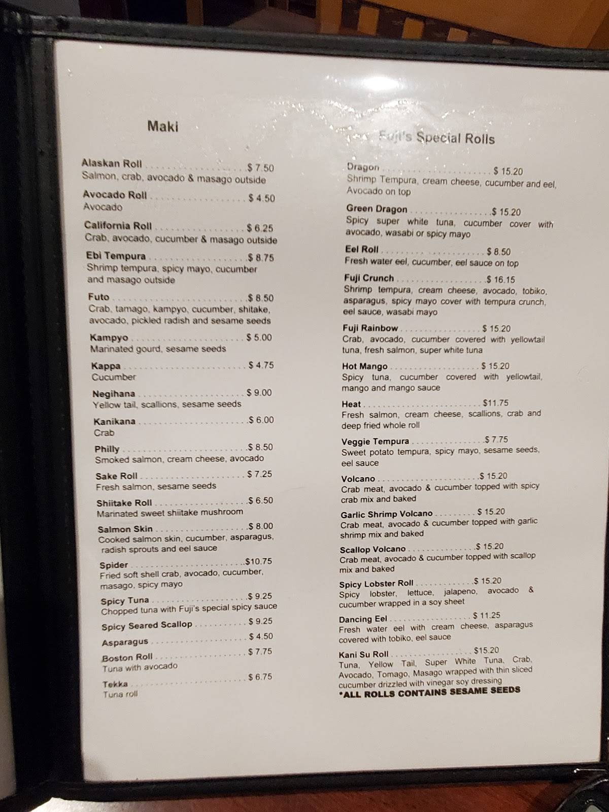 Menu at Fuji Japanese Steak House steakhouse, Orland Park