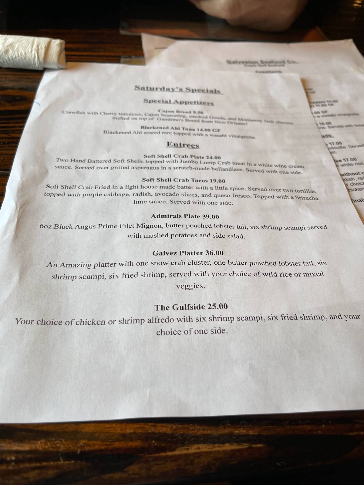 Menu at Galveston Seafood Company restaurant, Abilene