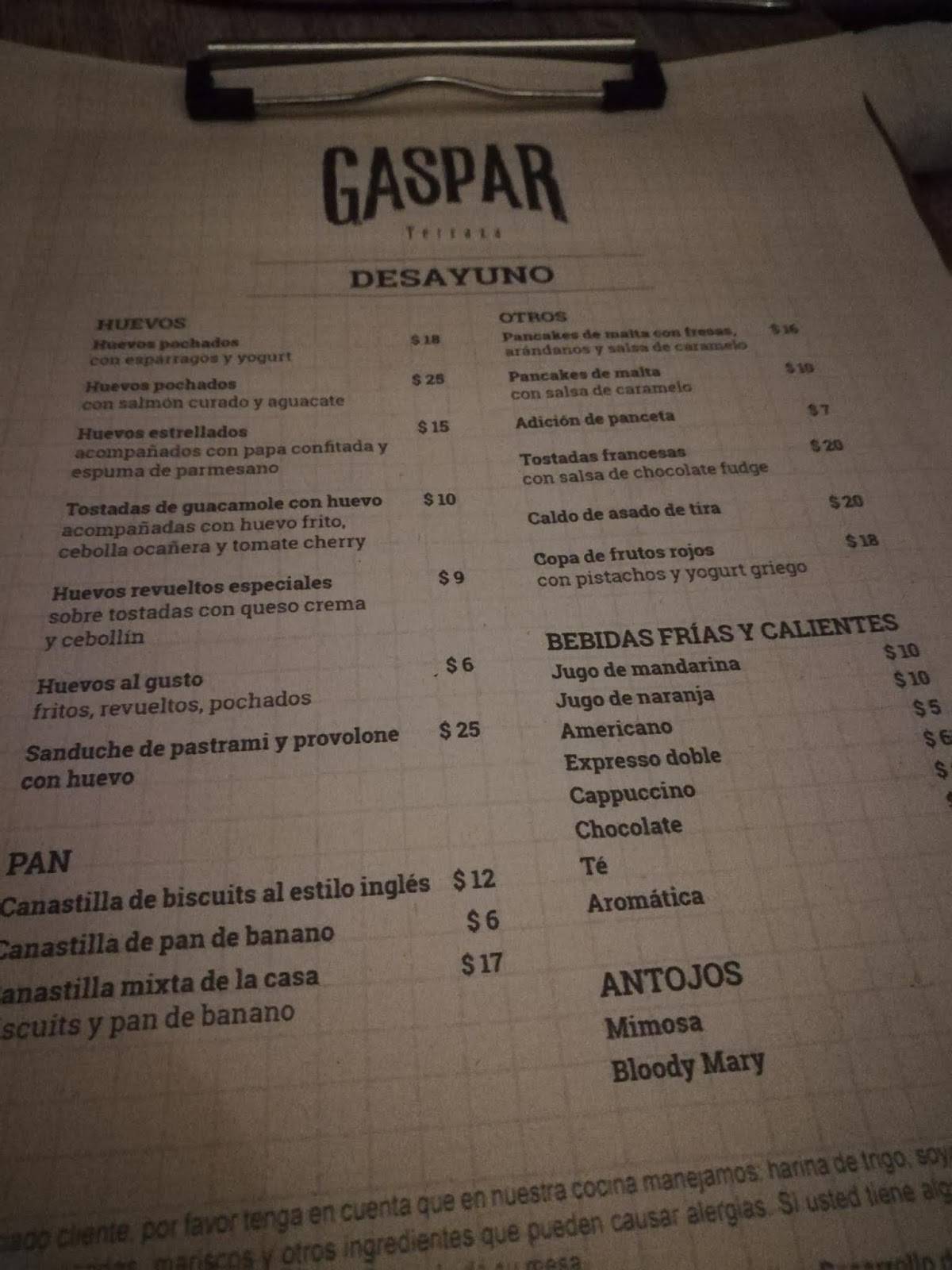 Carta del restaurante Gaspar Terraza Bistro Bogotá