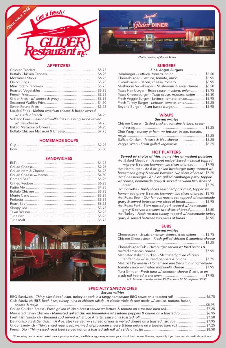 Menu at Glider Diner restaurant, Scranton