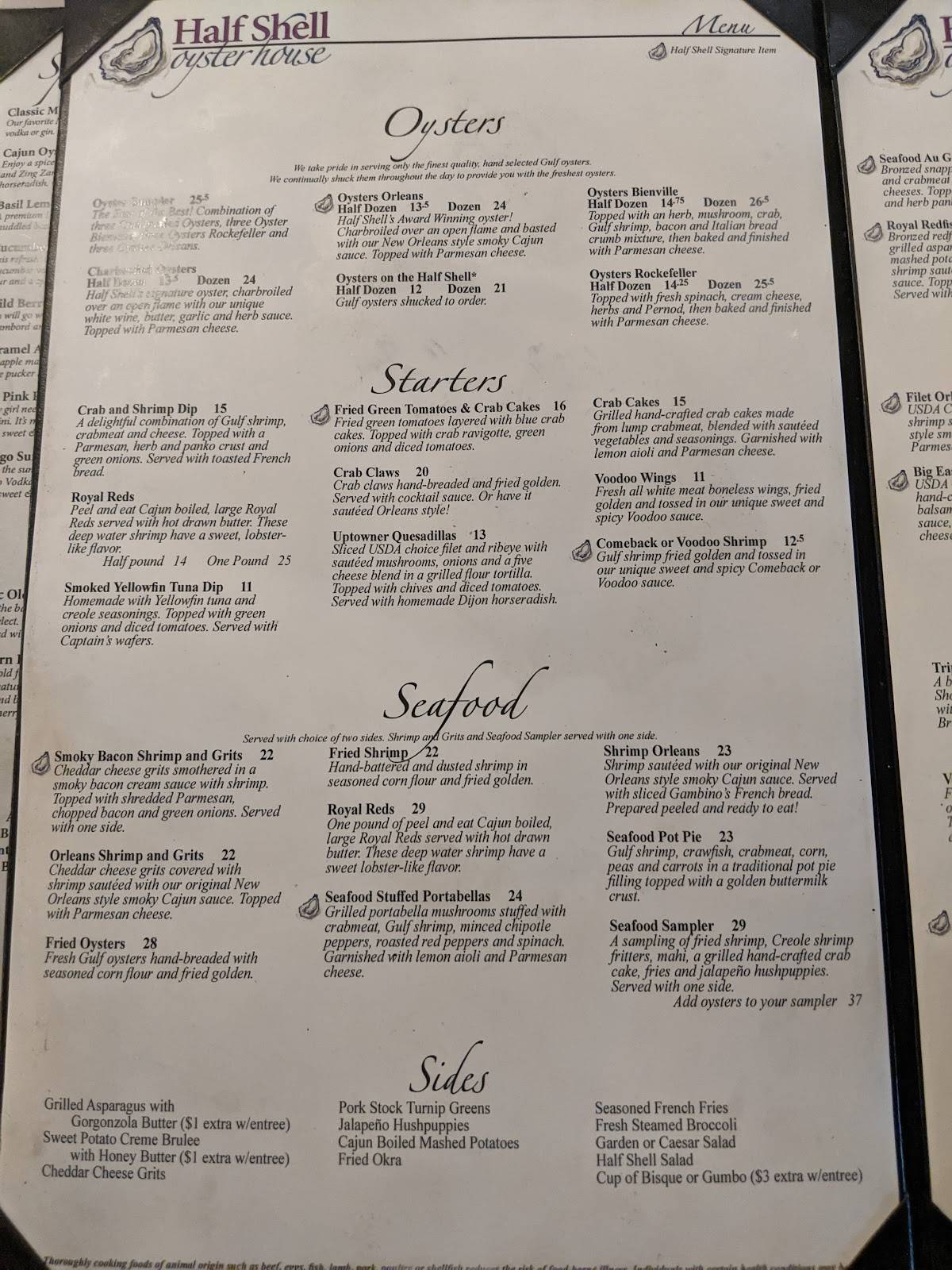 Menu at Half Shell Oyster House restaurant, Gulfport