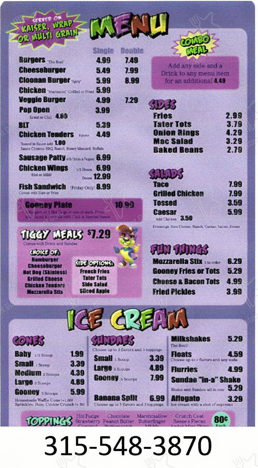Menu at Henyo's Gooney Village restaurant, Phelps