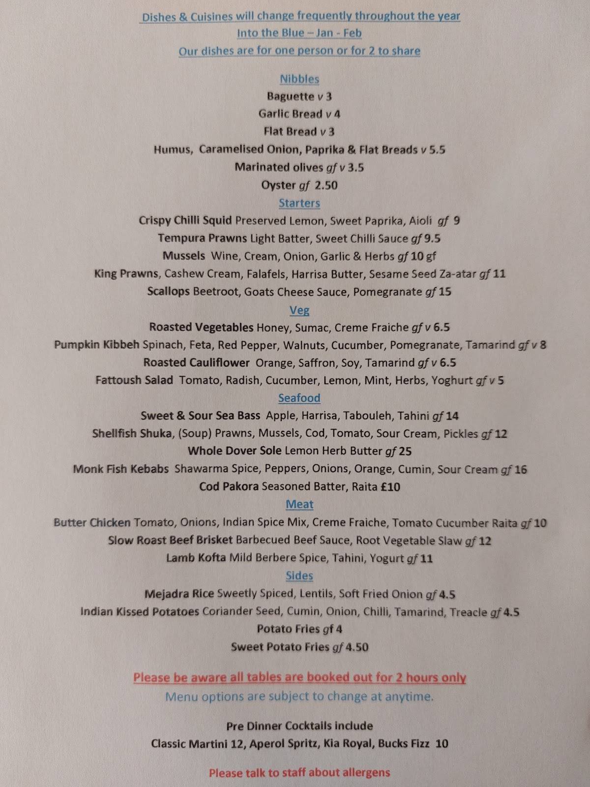 Menu at Into the Blue Restaurant, ShorehambySea