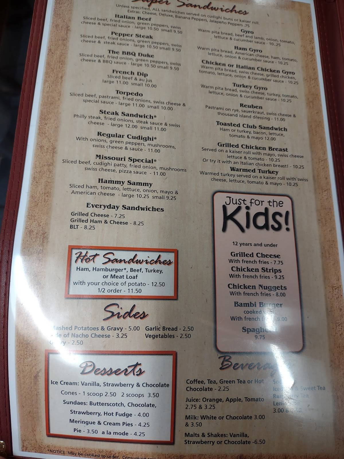Menu at Buck's Restaurant, Ishpeming