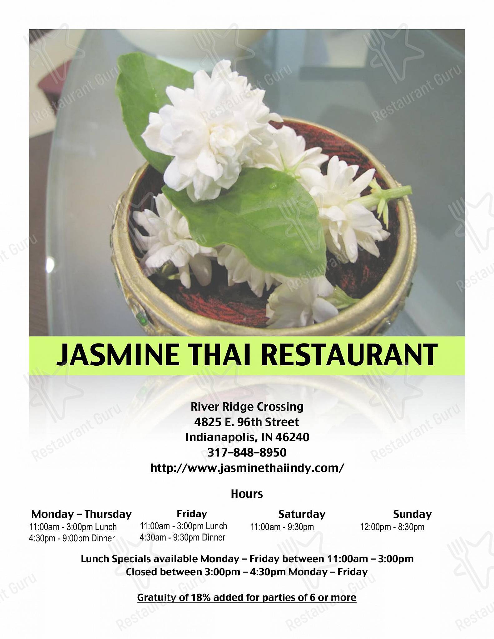 Menu at Jasmine Thai Restaurant, Indianapolis