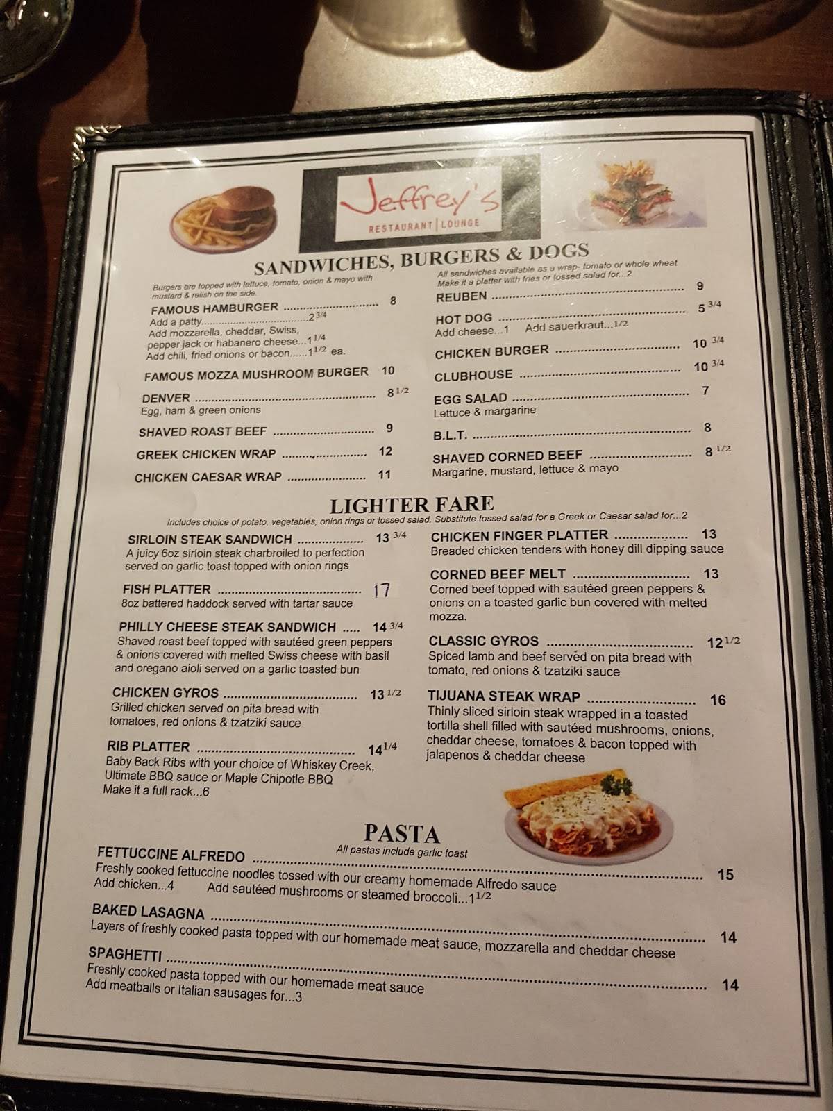 Menu at Jeffrey's Restaurant, Winnipeg