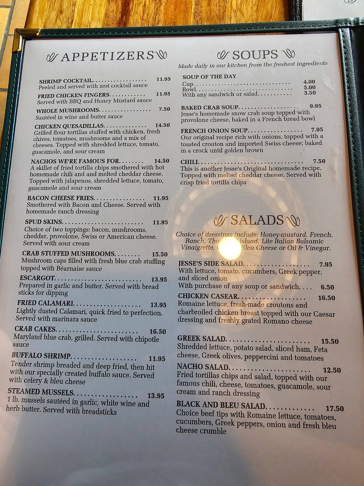 Menu at Jesse's Steak and Seafood steakhouse, Brandon