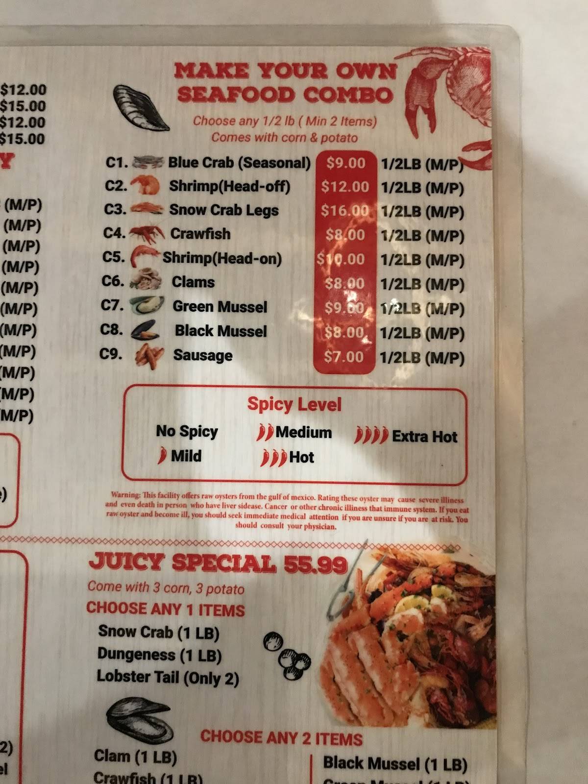 Menu at Juicy Seafood restaurant, Evansville
