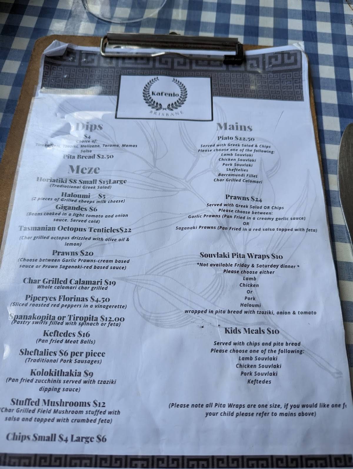 Menu at KAFENIO Brisbane restaurant, West End, 8 Vulture St