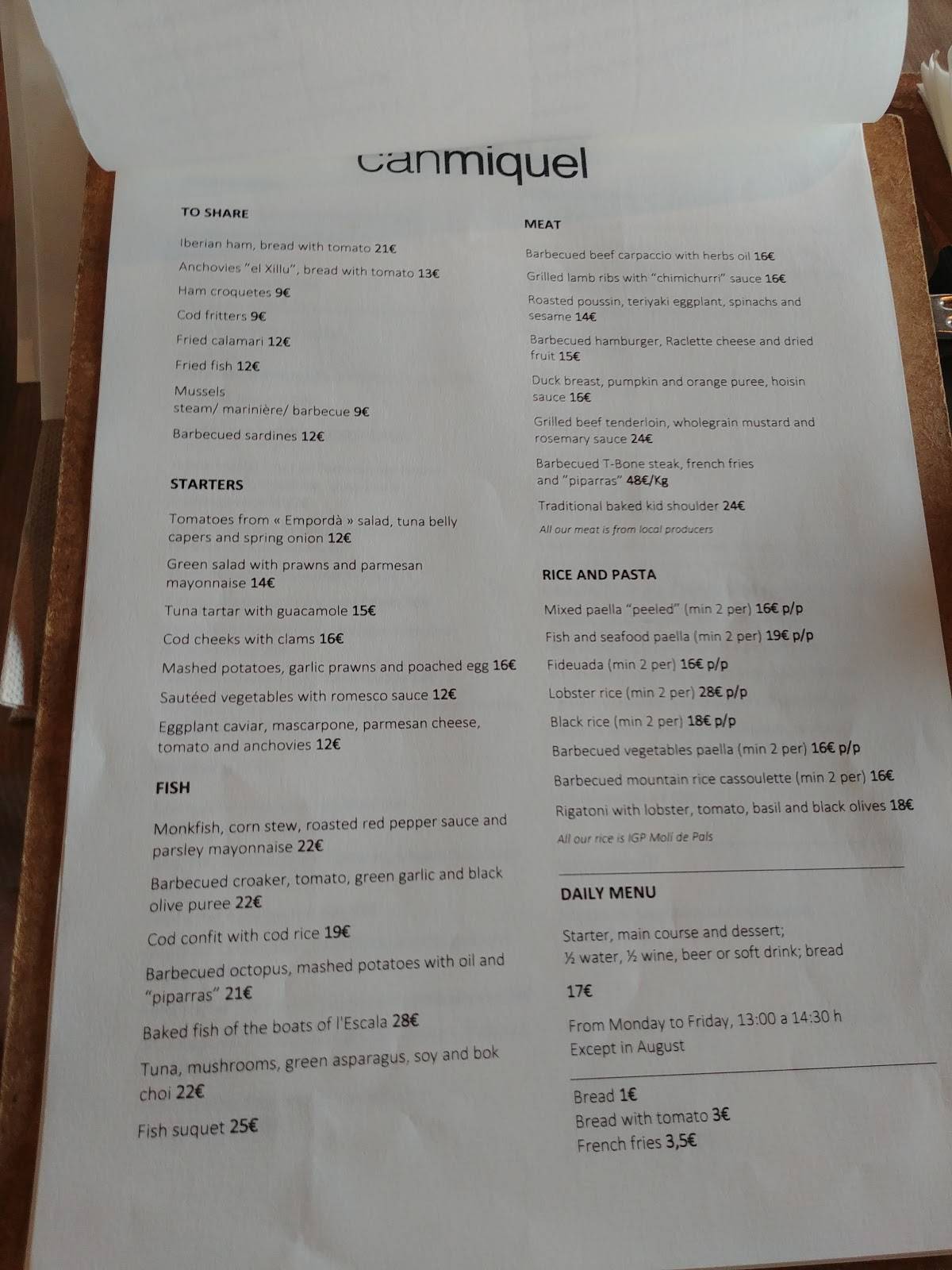 Carta de Restaurant Can Miquel en L' Escala Cala Montgó, La Escala