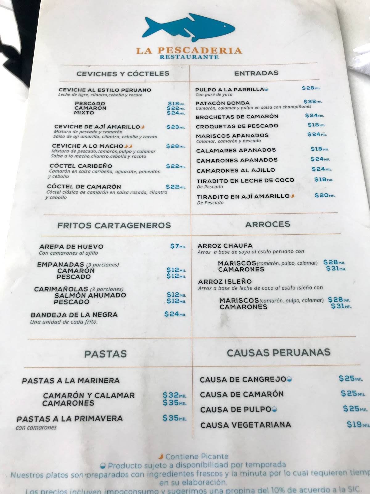 Carta de La Pescadería Restaurante, ceviches y piqueos, Cartagena