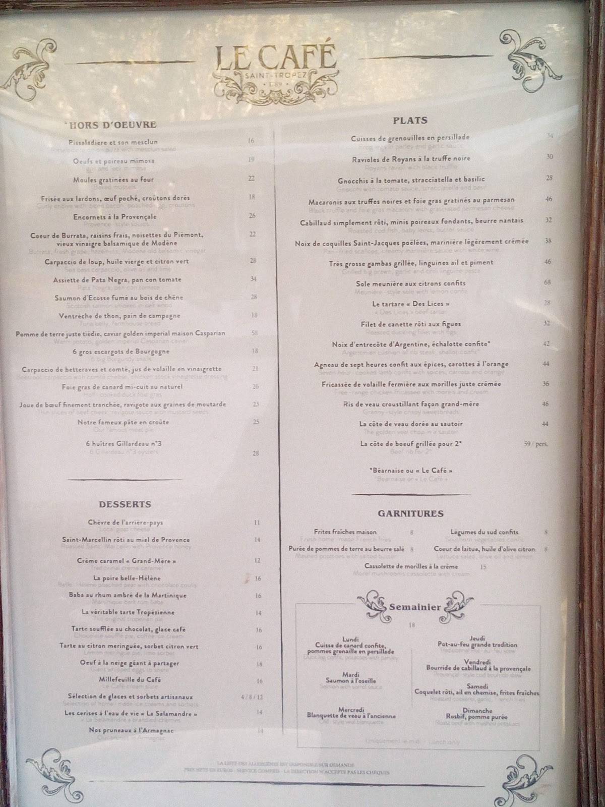 Menu at Le café, Saint-Tropez