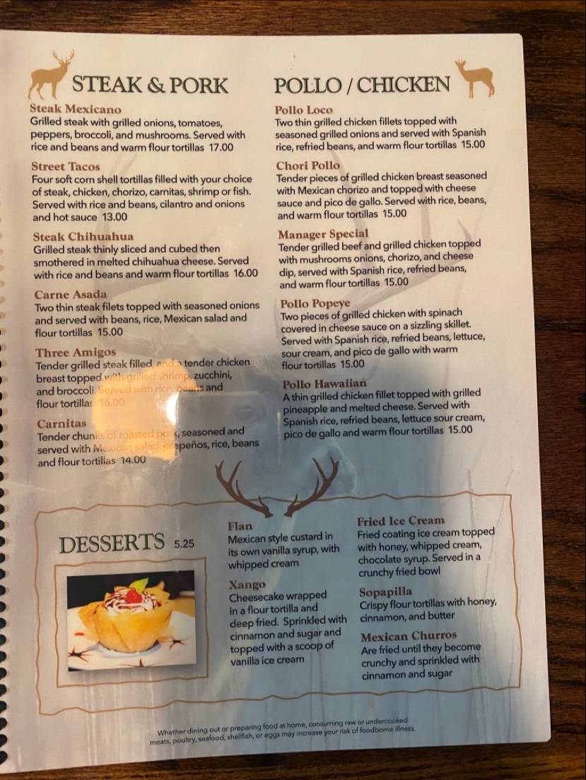 Menu at Los Venados restaurant, Orwell