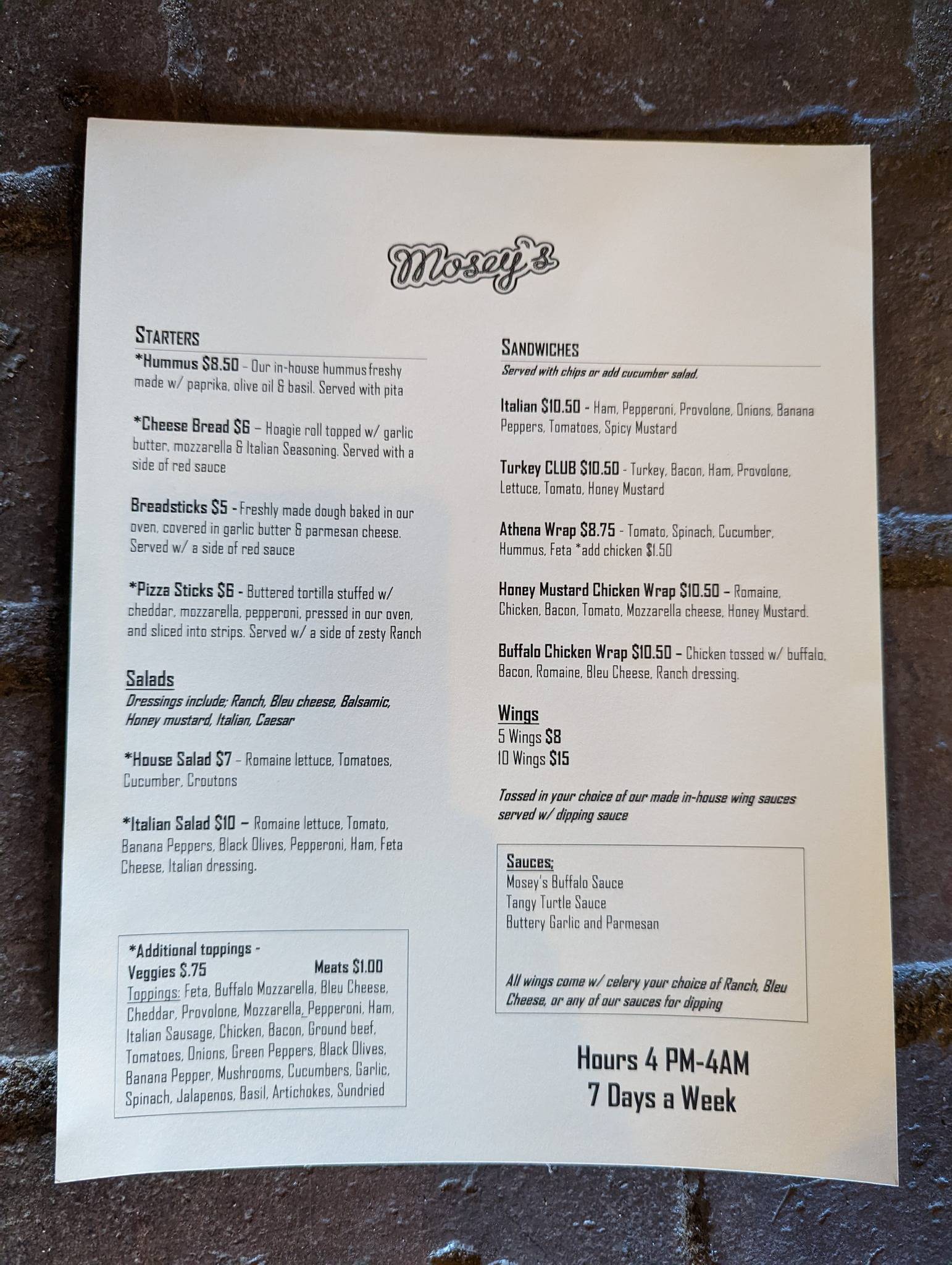 Menu at Mosey's Downtown pub & bar, Panama City