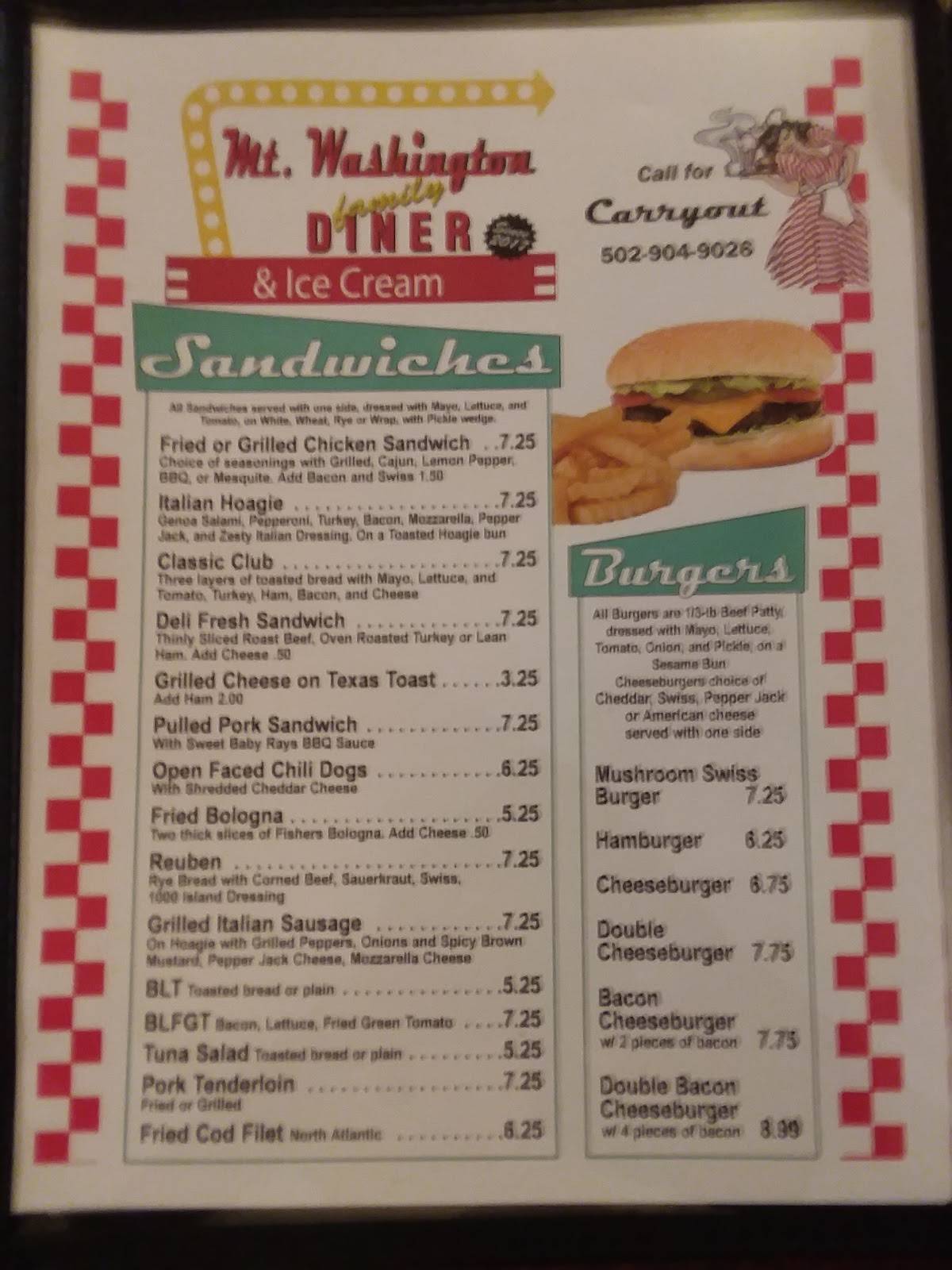 Menu at Crystal's Country Diner restaurant, Mount Washington