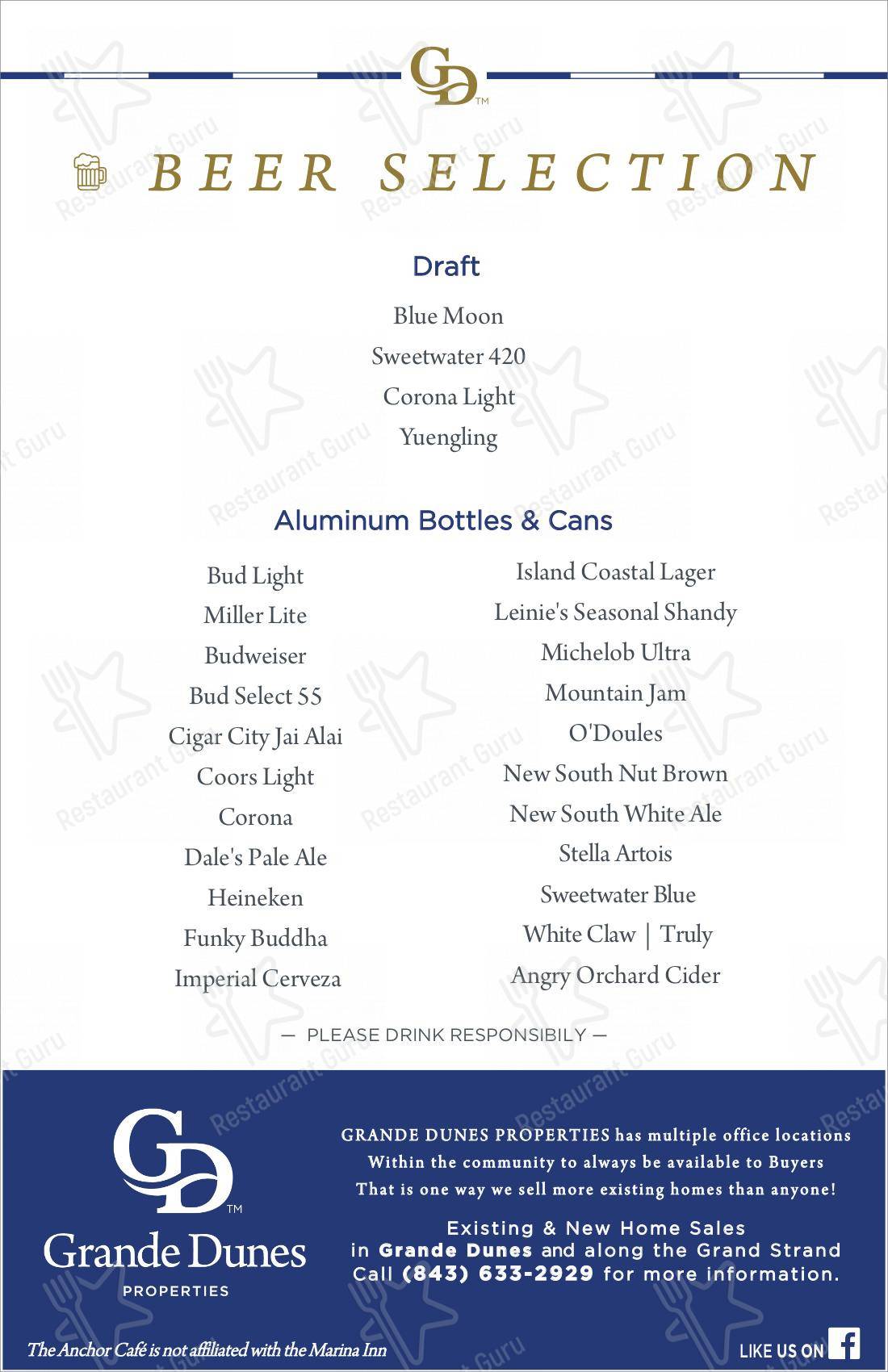 Menu at Anchor Café at Grande Dunes pub & bar, Myrtle Beach