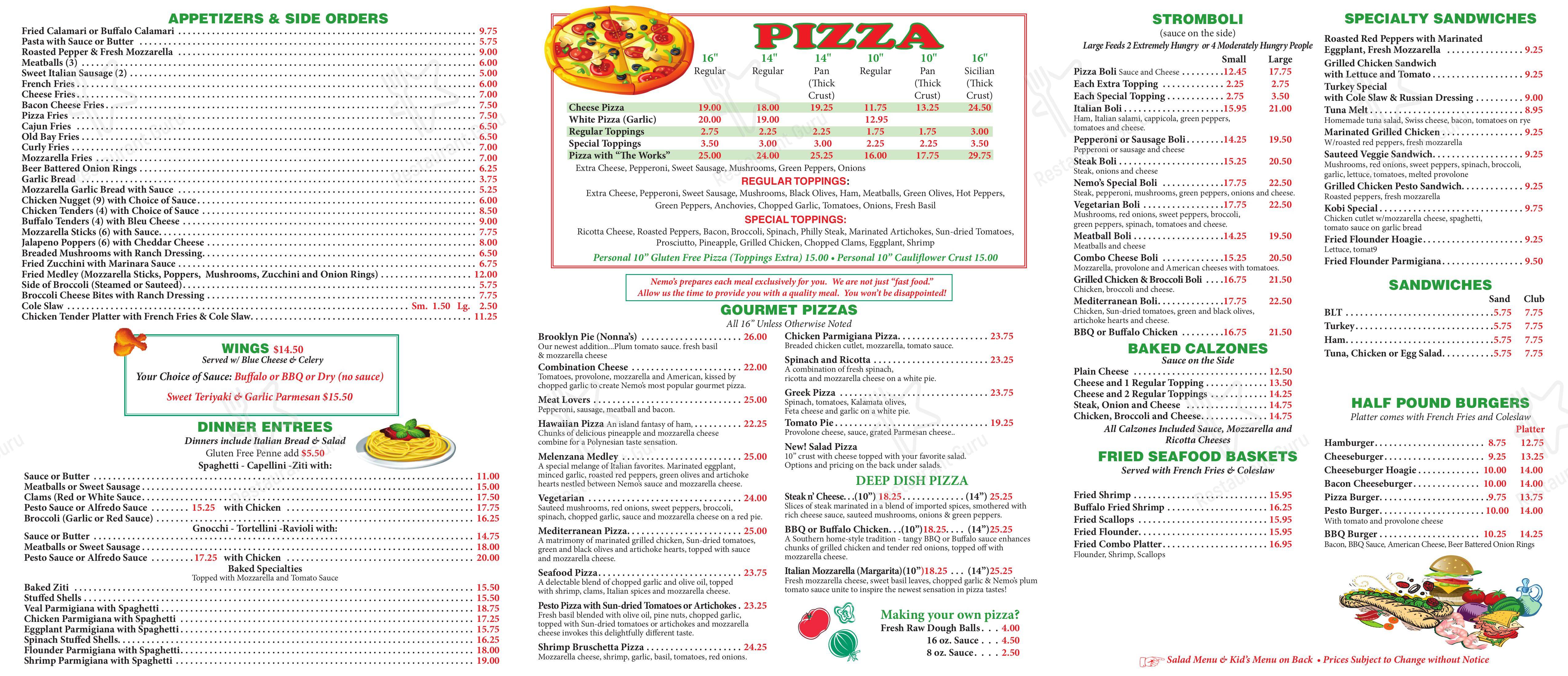 Menu at Nemo&rsquo;s Pizza Of Stone Harbor pizzeria, Stone Harbor