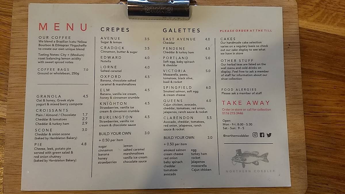 Menu at Northern Cobbler cafe, Leicester, 104 Queens Rd