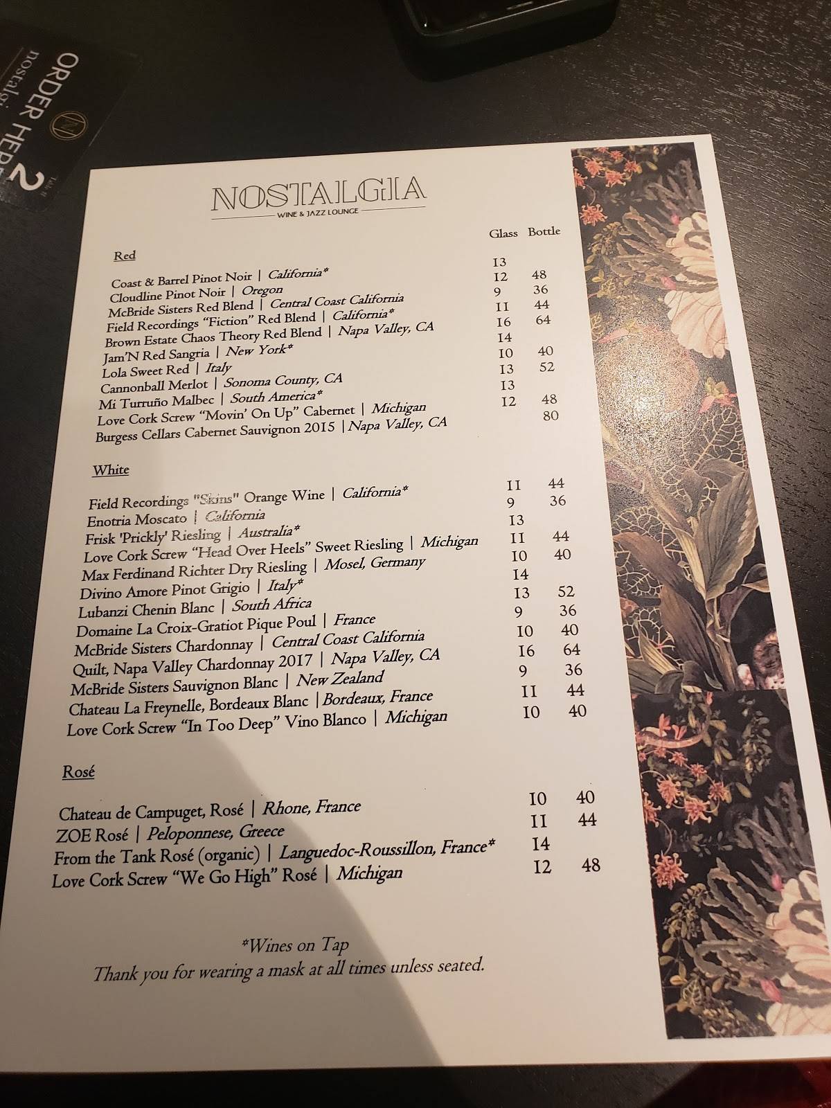 Menu at Nostalgia Wine & Jazz Lounge pub & bar, Cincinnati