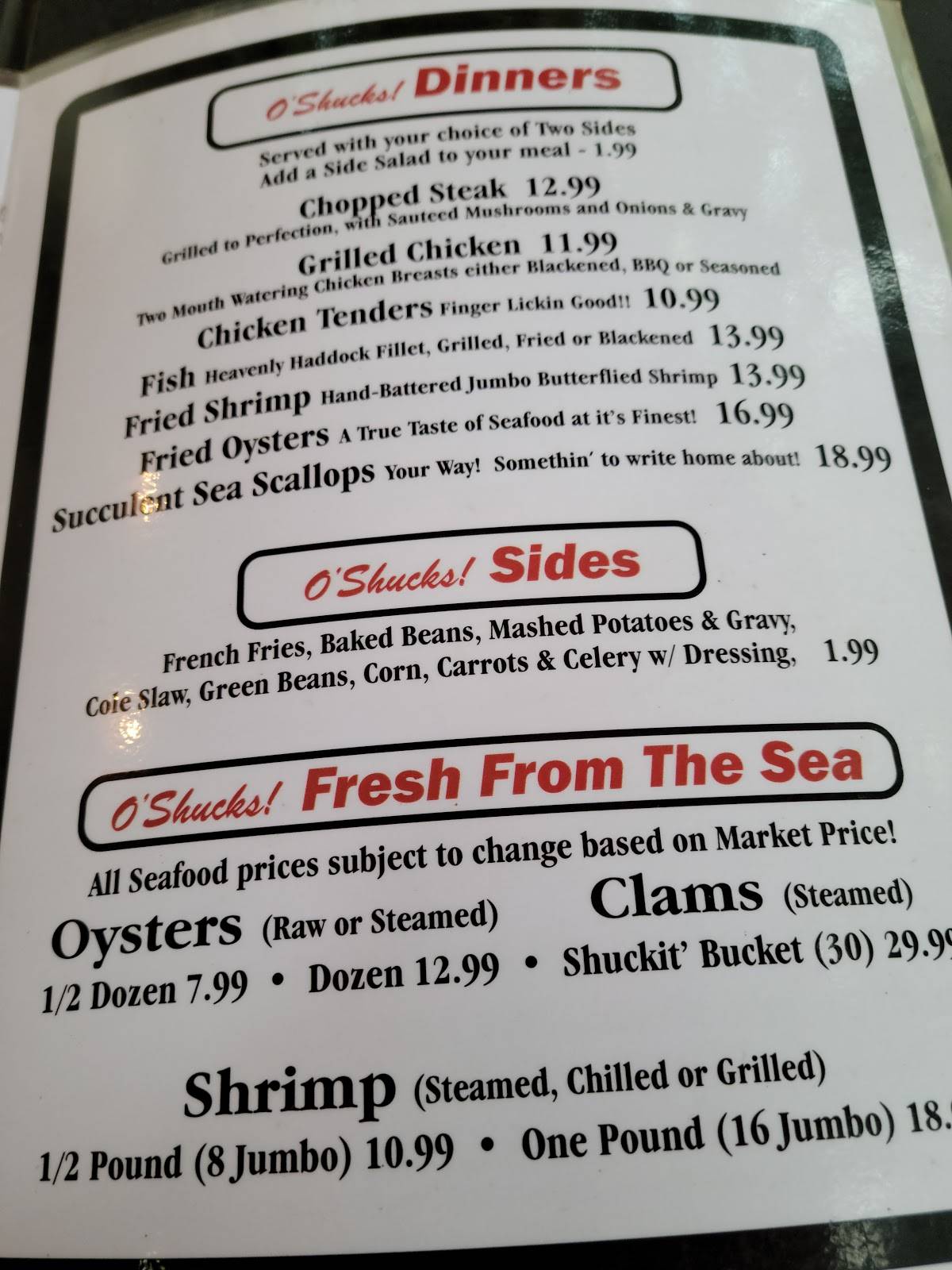 Menu at O'Shucks Oyster Bar & Grill, Wildwood