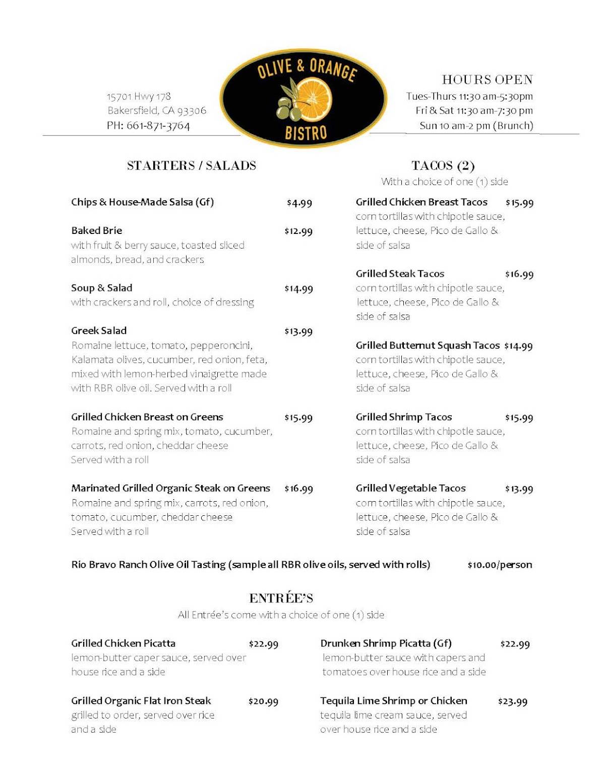Menu at Olive & Orange Bistro restaurant, Bakersfield