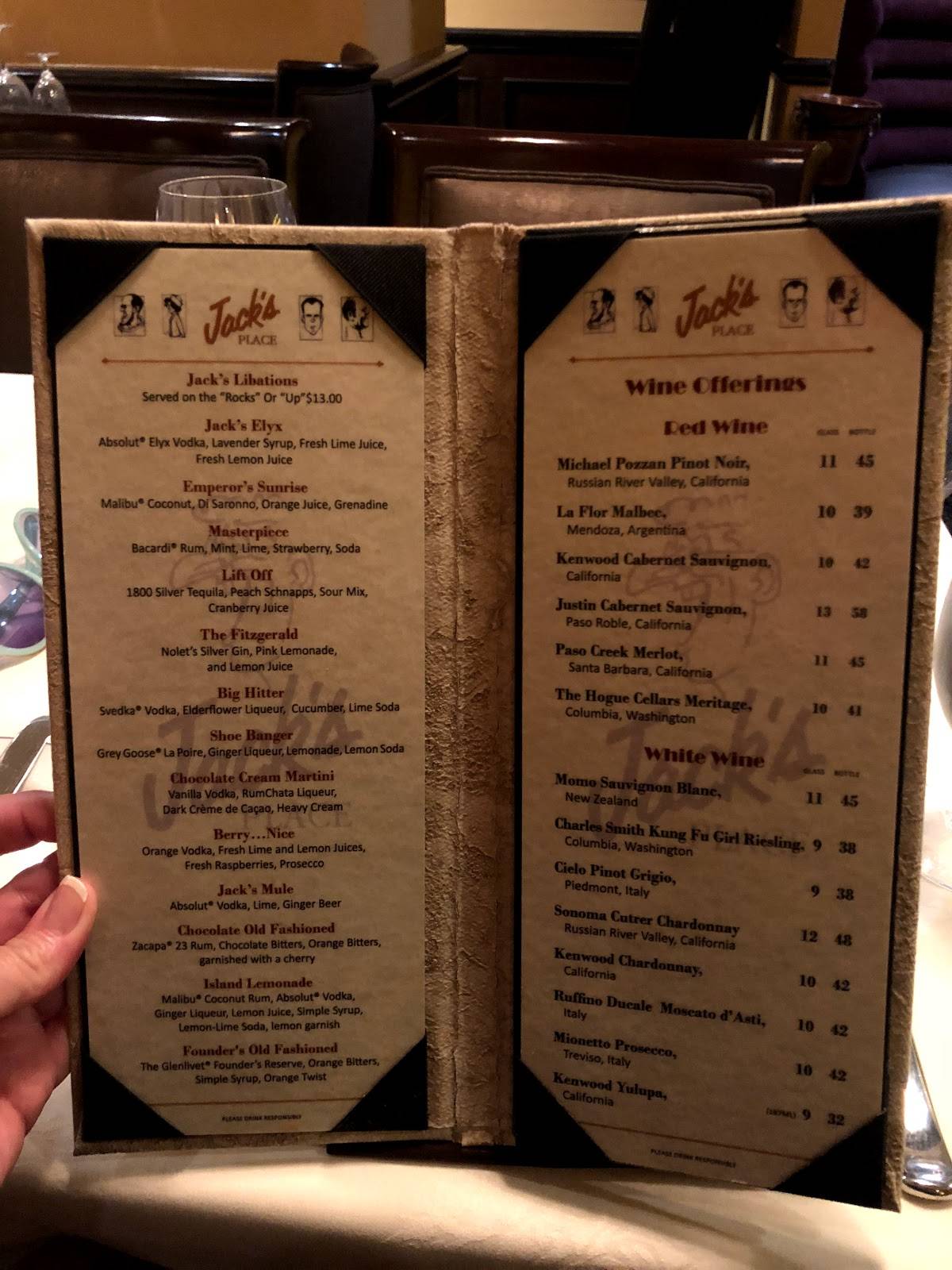 Menu at Jack's Place steakhouse, Orlando, International Dr
