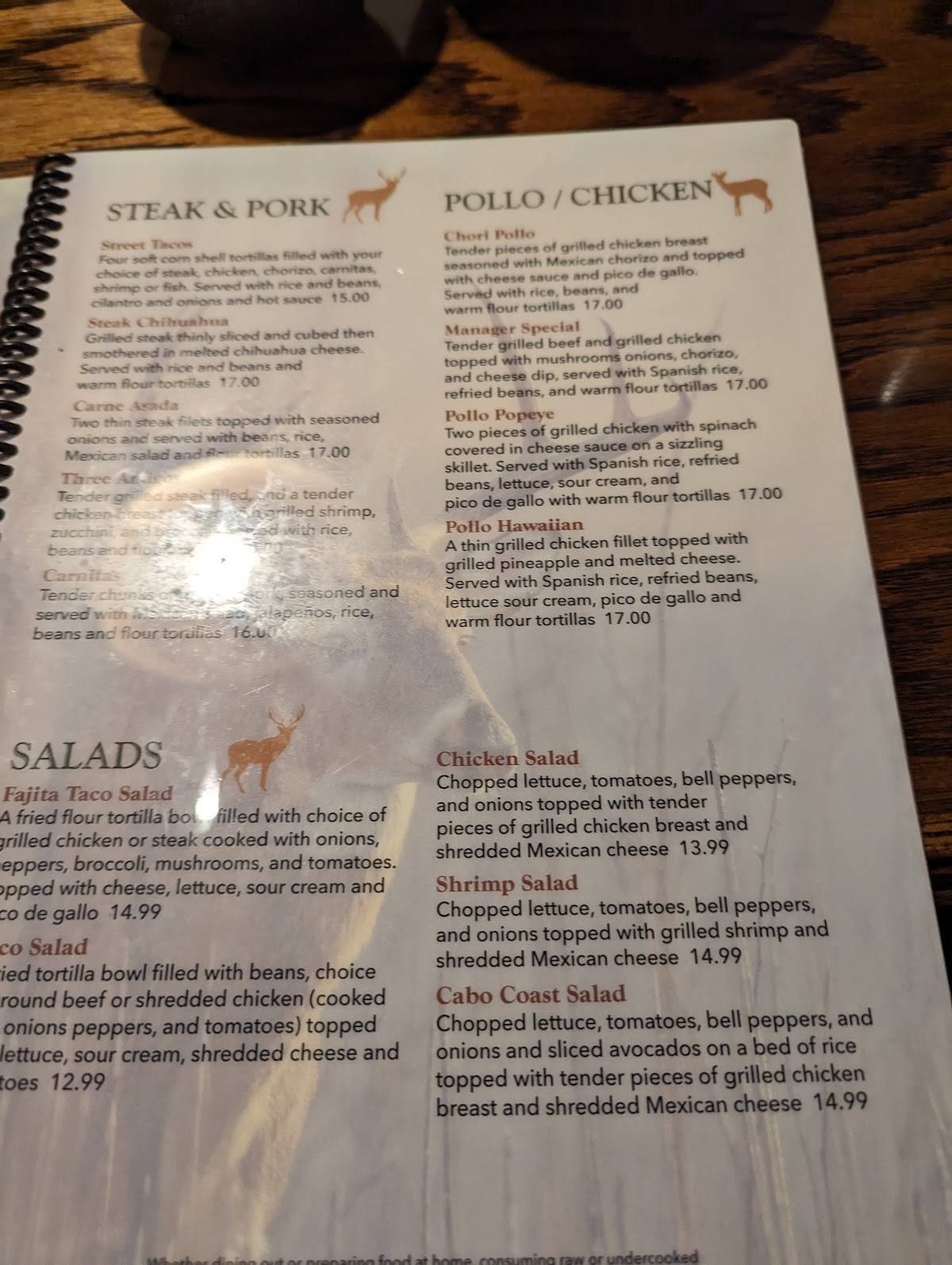 Menu at Los Venados restaurant, Orwell
