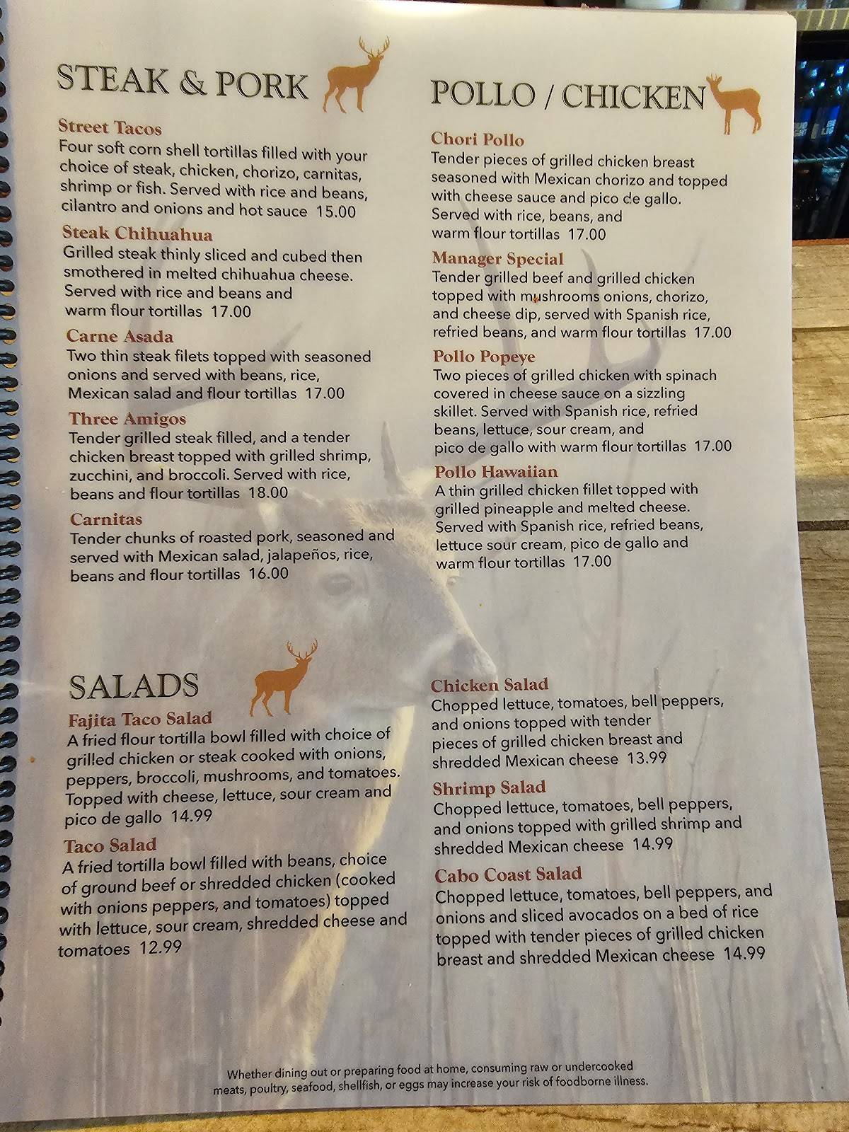 Menu at Los Venados restaurant, Orwell