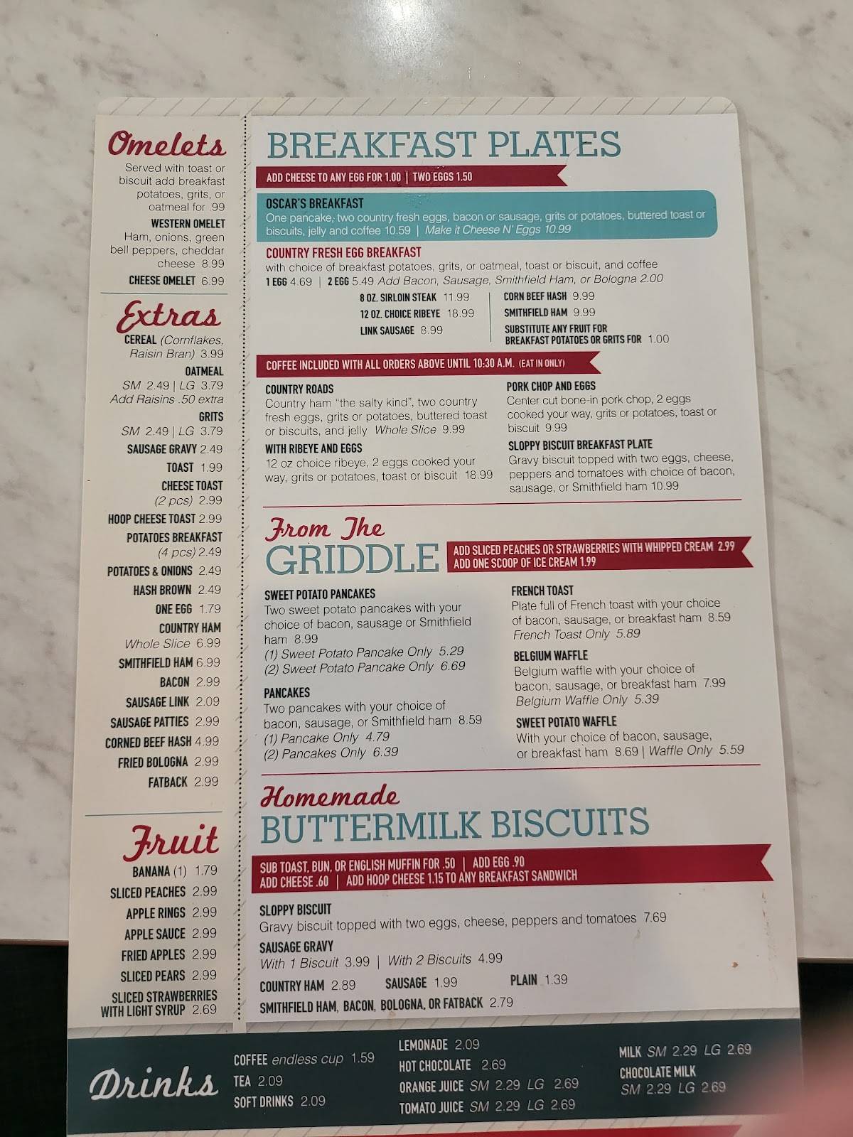 Menu at Oscar's Restaurant, Roanoke Rapids