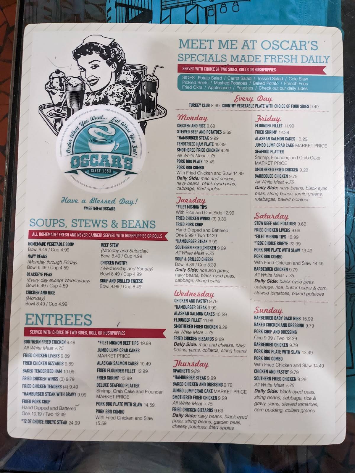 Menu at Oscar's Restaurant, Roanoke Rapids