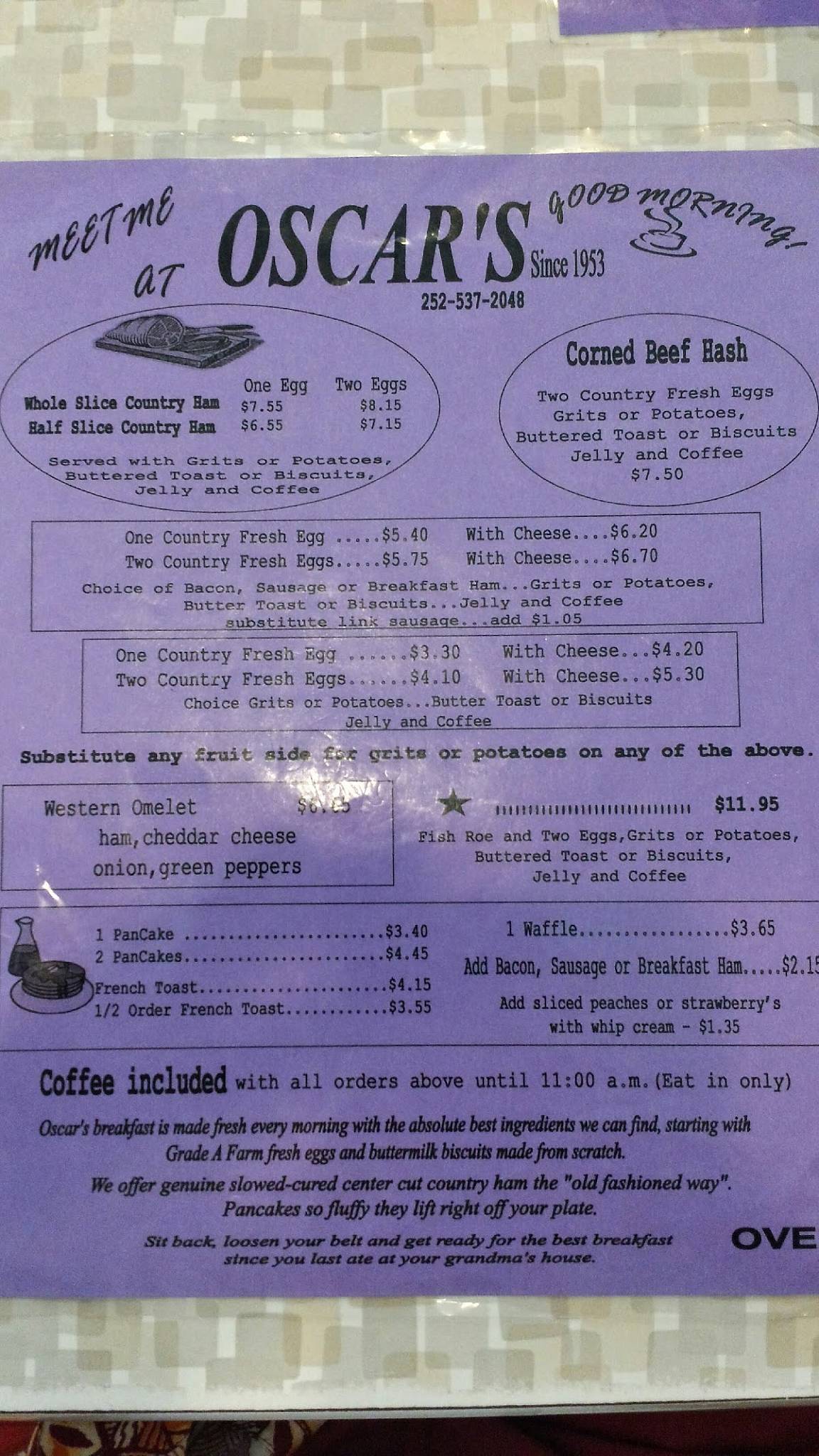 Menu at Oscar's Restaurant, Roanoke Rapids